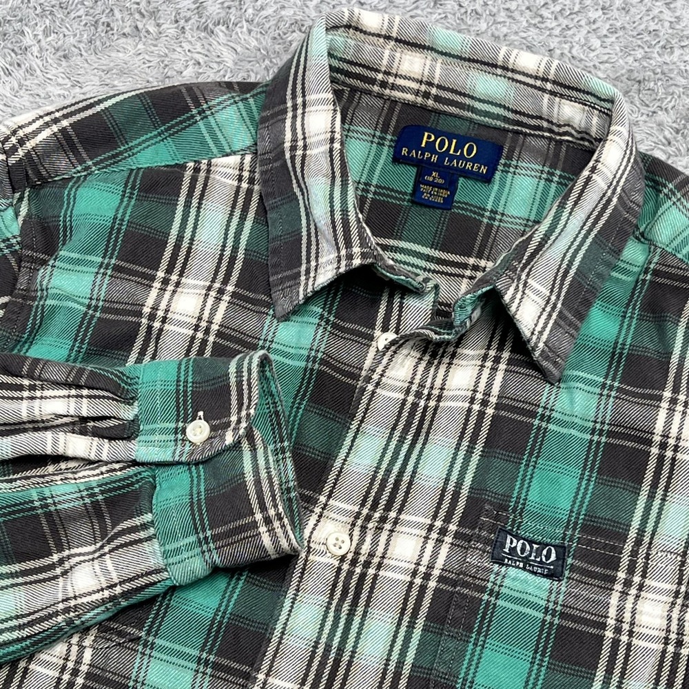Polo Ralph Lauren Shirt Boys 18-20 Green Plaid Flannel Button Front Logo Casual